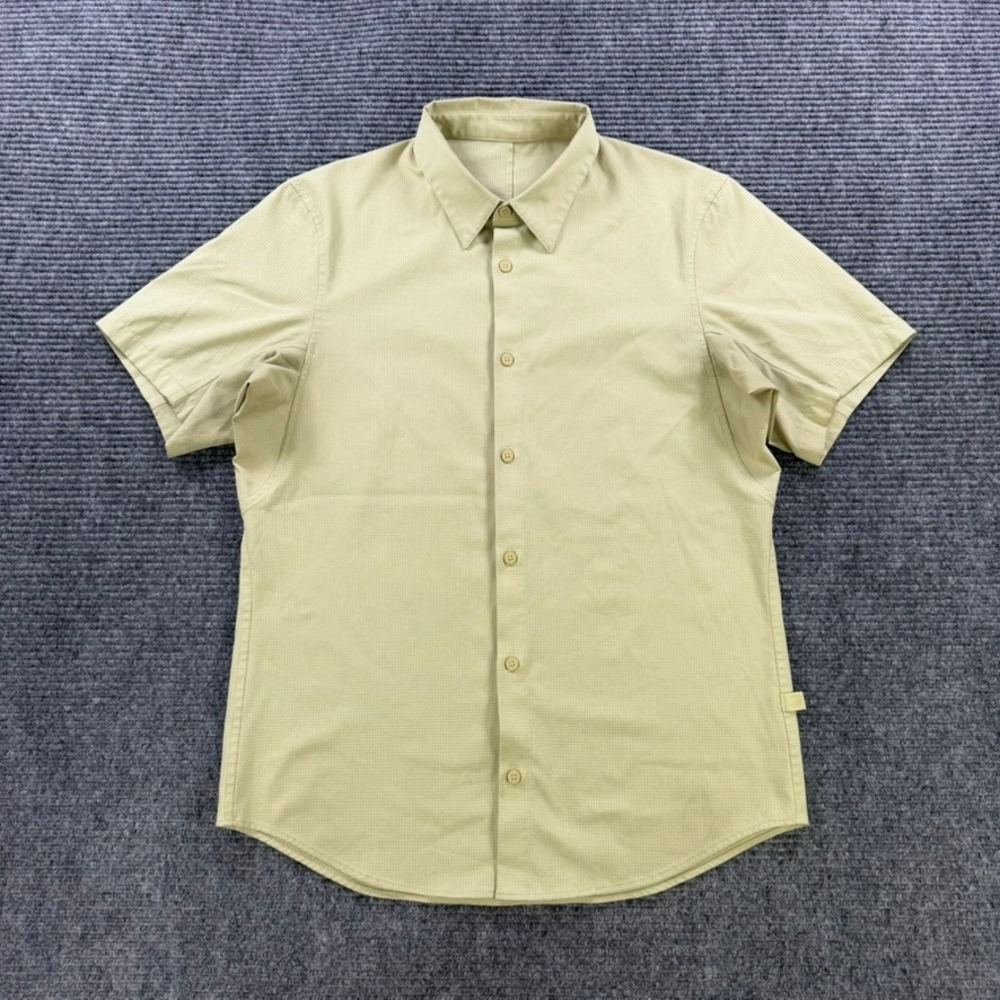 Lululemon Men Large Short Sleeve Button Up Tech Shirt Green Grid Ripstop READ - Picture 2 of 11